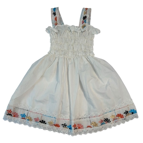 Vintage-Style White Embroidered Girl’s Dress Smocked Bodice, Floral Details - Picture 4 of 4